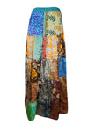Womens Summer Maxi Skirt, Multi Blue Beach Hippy Recycle Silk Sari Gypsy Skirts S/M