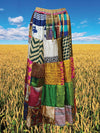 Womens Summer Flared Maxi Skirt, Multi Green Patchwork Recycle Silk Sari Gypsy Skirts S/M