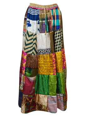 Womens Summer Flared Maxi Skirt, Multi Green Patchwork Recycle Silk Sari Gypsy Skirts S/M