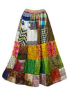 Womens Summer Flared Maxi Skirt, Multi Green Patchwork Recycle Silk Sari Gypsy Skirts S/M