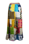 Womens Summer Flared Maxi Skirt, Multi Green Patchwork Recycle Silk Sari Gypsy Skirts S/M