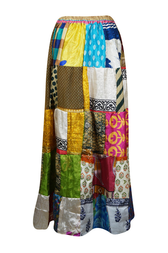 Womens Summer Flared Maxi Skirt, Multi Green Patchwork Recycle Silk Sari Gypsy Skirts S/M