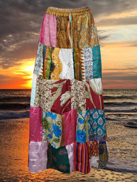 Womens Berry Crush Maxi Skirt, Patchwork Recycle Silk Skirts Handmade Beach Skirts SML