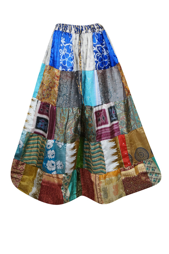 Womens Summer Patchwork Skirt, Blue Recycle Silk Sari Beach Festival Retro Skirts SM