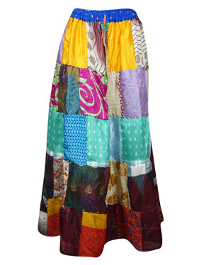 Womens Ice Blue Summer Maxi Skirt, Beach Patchwork Recycle Silk Sari Gypsy Skirts S/M/L