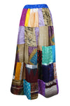 Womens Ice Blue Summer Maxi Skirt, Beach Patchwork Recycle Silk Sari Gypsy Skirts S/M/L