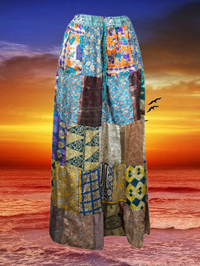 Womens Summer Maxi Skirt, Blue Oasis Patchwork Hippie Recycle Silk Skirts S/M/L