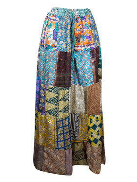 Womens Summer Maxi Skirt, Blue Oasis Patchwork Hippie Recycle Silk Skirts S/M/L