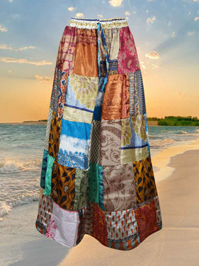 Womens Gypsy Maxi Skirt, Dusky Orange Patchwork Beach Flare Festival Skirts SML