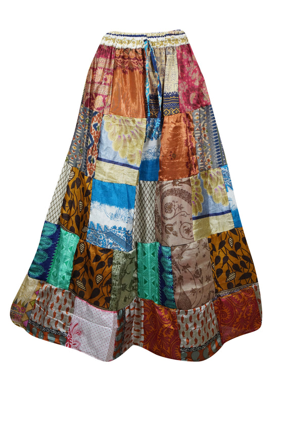 Womens Gypsy Maxi Skirt, Dusky Orange Patchwork Beach Flare Festival Skirts SML