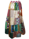 Womens Summer Flared Maxi Skirt, Multi Green Patchwork Recycle Silk Sari Gypsy Skirts S/M