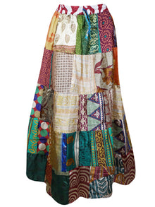  Womens Summer Flared Maxi Skirt, Multi Green Patchwork Recycle Silk Sari Gypsy Skirts S/M