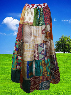 Womens Summer Flared Maxi Skirt, Multi Green Patchwork Recycle Silk Sari Gypsy Skirts S/M