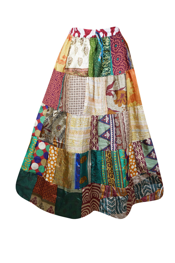 Womens Summer Flared Maxi Skirt, Multi Green Patchwork Recycle Silk Sari Gypsy Skirts S/M