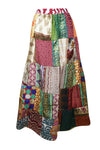 Womens Summer Flared Maxi Skirt, Multi Green Patchwork Recycle Silk Sari Gypsy Skirts S/M