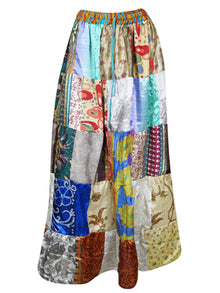  Womens Summer Maxi Skirt, Multi Beige Patchwork Recycle Silk Sari Gypsy Skirts S/M