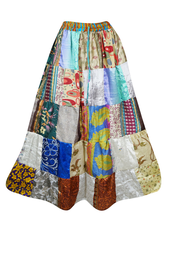 Womens Summer Maxi Skirt, Multi Beige Patchwork Recycle Silk Sari Gypsy Skirts S/M