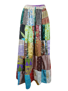  Womens Beach Maxi Skirt, Saga Green Summer Skirts, Recycle Silk Patchwork Skirt S/M