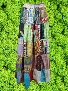 Womens Beach Maxi Skirt, Saga Green Summer Skirts, Recycle Silk Patchwork Skirt S/M