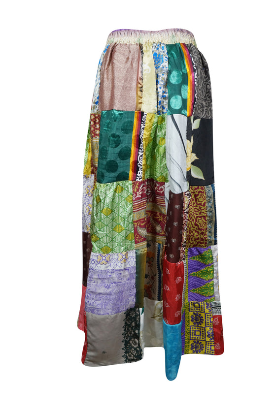 Womens Beach Maxi Skirt, Saga Green Summer Skirts, Recycle Silk Patchwork Skirt S/M