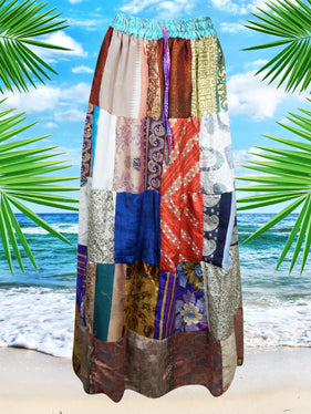 Womens Earthy Mixed Patch Maxi Skirt, Blue Hippy Summer Recycle Silk Skirts S/M