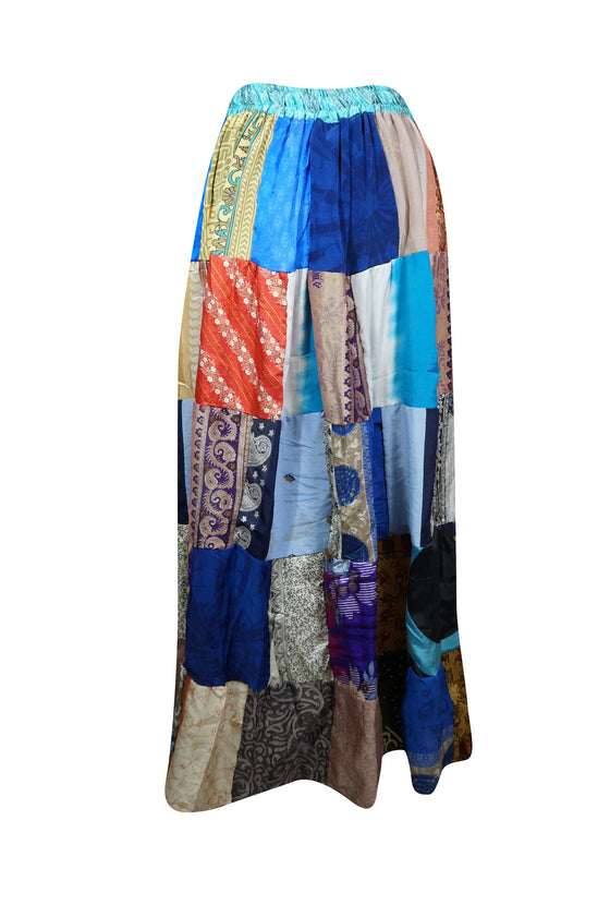 Womens Earthy Mixed Patch Maxi Skirt, Blue Hippy Summer Recycle Silk Skirts S/M