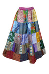 Womens Flared Maxi Skirt, Blue Oasis Summer Beach Recycle Silk Patchwork Skirt, S/M/L