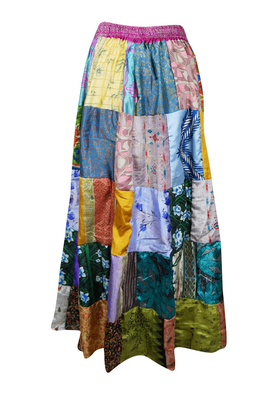 Womens Flared Maxi Skirt, Blue Oasis Summer Beach Recycle Silk Patchwork Skirt, S/M/L