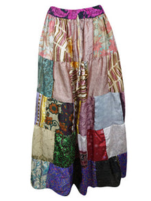  Womens Flared Maxi Skirt, Molto Mauve Patchwork Recycle Silk Gypsy Festival Skirts S/M/L