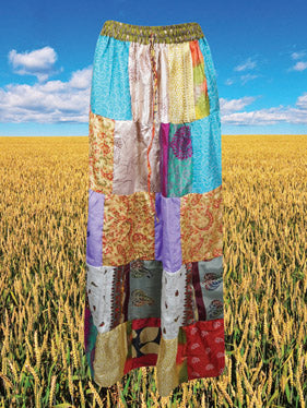 Womens Beach Festival Retro Summer Patchwork Skirt, multi blue Recycle Silk Sari Skirts S/M