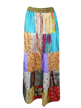 Womens Beach Festival Retro Summer Patchwork Skirt, multi blue Recycle Silk Sari Skirts S/M