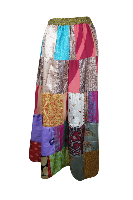Womens Beach Festival Retro Summer Patchwork Skirt, multi blue Recycle Silk Sari Skirts S/M