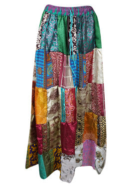 Womens Green Pink Summer Maxi Skirt, Patchwork Recycle Silk Sari Gypsy Beach Skirts S/M