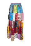 Womens Green Pink Summer Maxi Skirt, Patchwork Recycle Silk Sari Gypsy Beach Skirts S/M