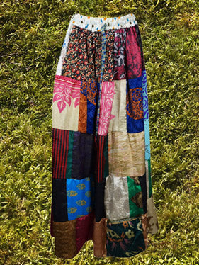 Womens Plum Adagio Summer Maxi Skirt, Patchwork Recycle Silk Sari Skirts S/M/L
