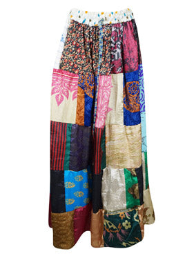 Womens Plum Adagio Summer Maxi Skirt, Patchwork Recycle Silk Sari Skirts S/M/L