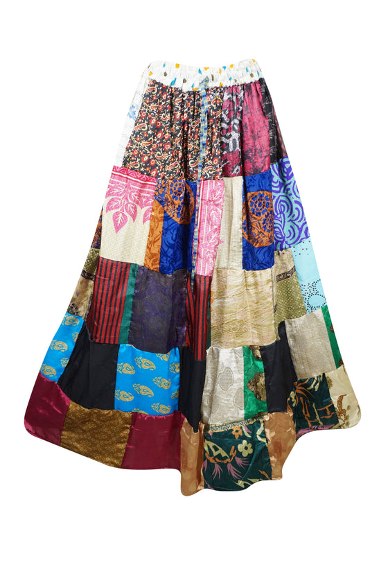 Womens Plum Adagio Summer Maxi Skirt, Patchwork Recycle Silk Sari Skirts S/M/L