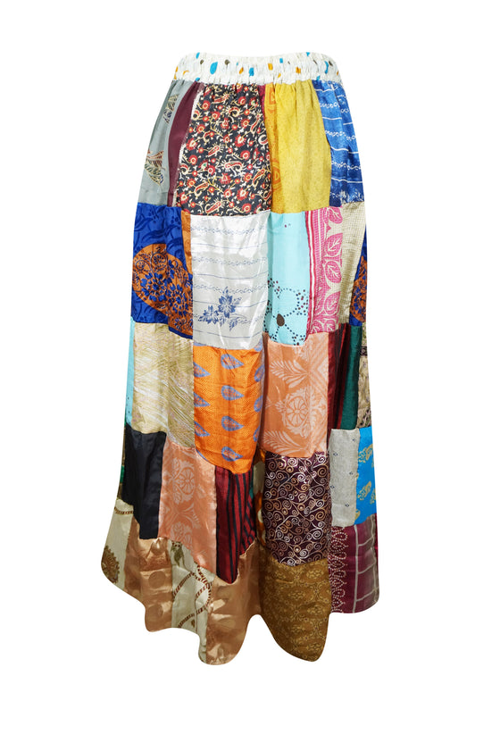 Womens Plum Adagio Summer Maxi Skirt, Patchwork Recycle Silk Sari Skirts S/M/L