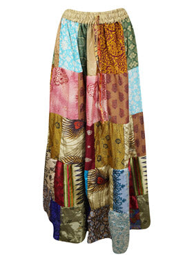 Womens Flare Maxi Skirt, Multi Blue Summer Skirt, Recycle Silk, Patchwork Skirt SML