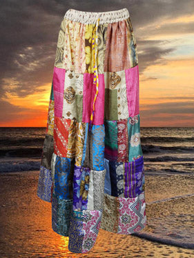 Womens Summer Patchwork Skirt, Multicolor, Recycle Silk, Beach Festival, Retro Skirts SML