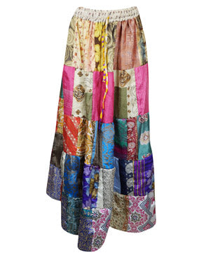 Womens Summer Patchwork Skirt, Multicolor, Recycle Silk, Beach Festival, Retro Skirts SML