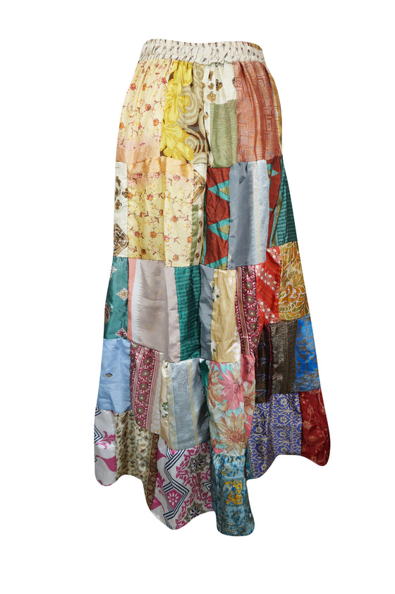 Womens Summer Patchwork Skirt, Multicolor, Recycle Silk, Beach Festival, Retro Skirts SML