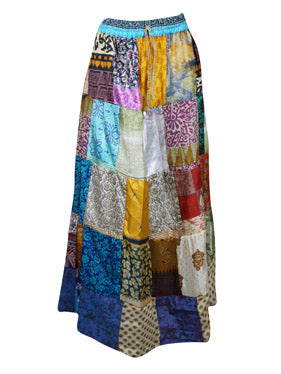 Womens Retro Patchwork Skirt, Summer Skirts, Multi blue, Recycle Silk, Boho Maxi Skirts SML