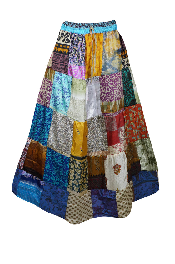 Womens Retro Patchwork Skirt, Summer Skirts, Multi blue, Recycle Silk, Boho Maxi Skirts SML