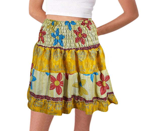 Womens Summer Skirt, Multi Yellow Beach Hippy Recycle Silk Sari Gypsy Skirts S/M