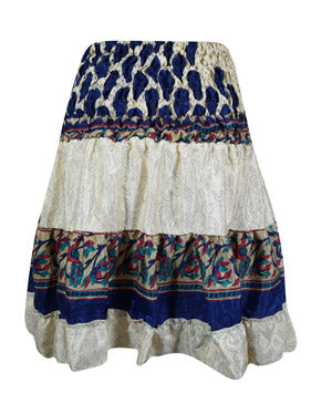 Womens Summer Ruched Elastic Skirt, White  Beach Hippy Recycle Silk  Skirts S/M