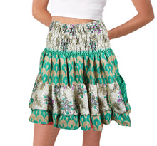  Boho Style Summer Ruched Skirt Green Beach Tiered Short Skirts S/M