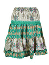 Boho Style Summer Ruched Elastic Skirt, Green Beach Hippy Recycle Silk Skirts S/M