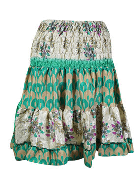 Boho Style Summer Ruched Elastic Skirt, Green Beach Hippy Recycle Silk Skirts S/M