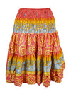 Womens Summer Ruched Elastic Skirt, Red  Beach Hippy Recycle Silk Skirts S/M
